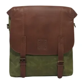 CANVAS & AWL Waxed Canvas & Genuine Leather Unisex Backpack Messenger Bag Shoulder & Crossbody Bag With Back Handle (Green)